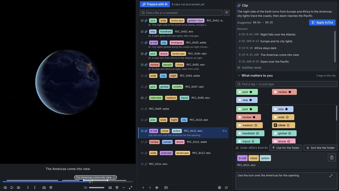 The frename window: the player with a marker on the timeline, the file list with subtitle and AI badges, and the Clip panel with the AI's summary, a suggested In and Out and the moments it found
