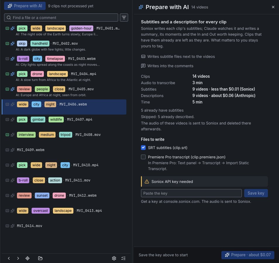 The Prepare with AI card next to the file list: 14 videos, 3 min of audio, subtitles under $0.01, descriptions about $0.06, 5 min
